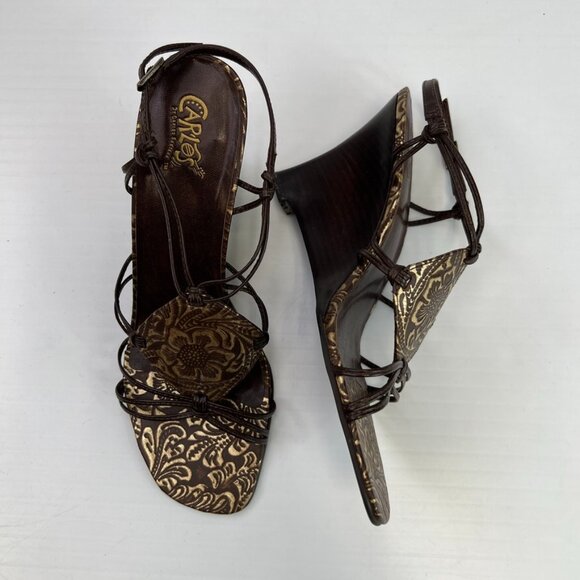 Carlos Santana Sandal Women 10 Frolic Leather Wedge Gold Floral Party Core Ex - Picture 1 of 15